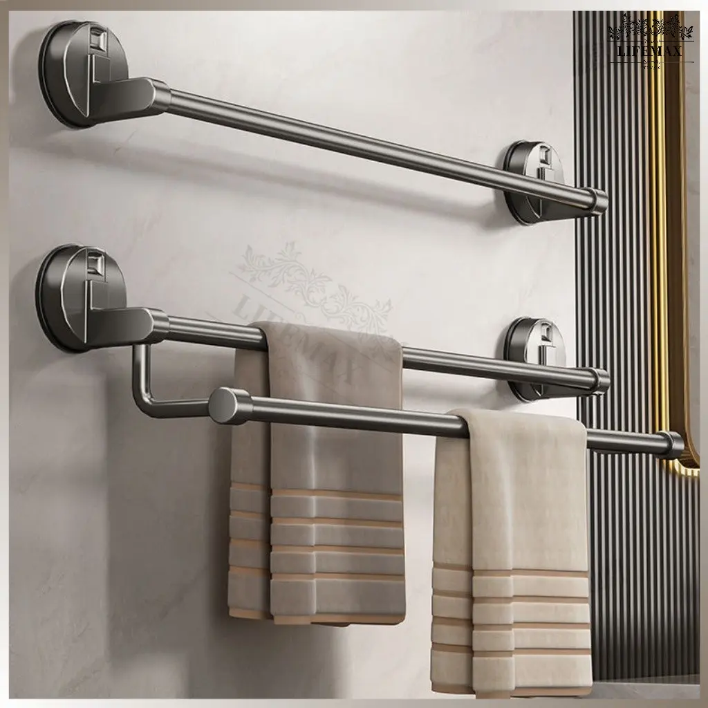 [SG Seller]Bathroom Double-Pole Towel Rack Bathroom Storage Rack Bathroom Towels Rack Punch-Free Wall-Mounted Storage Rack