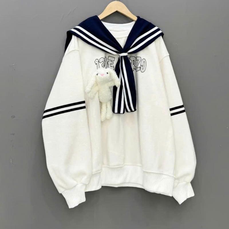 Áo SWEATER DEMAZZO Thủy Thủ Unisex khăn rời, from rộng  Thu Đông Kèm Gấu Chất Nỉ Bông Dày Dặn - Kem - Nữ Top Women <75 kg  Voi Hoodie Sọc