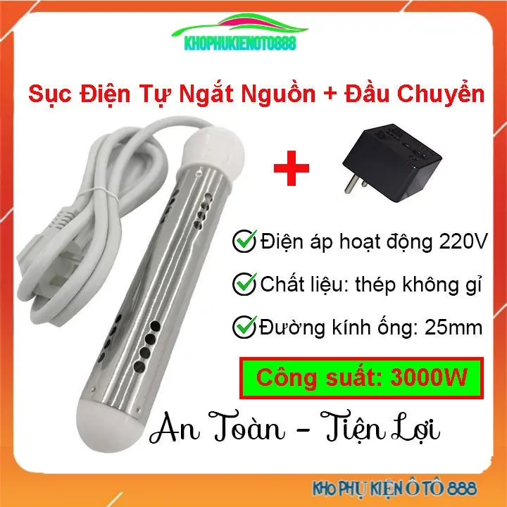 Sục điện đun nước sôi 220V công suất 3000W công suất lớn kèm đầu chuyển LIOA 3 chân sang 2 chân