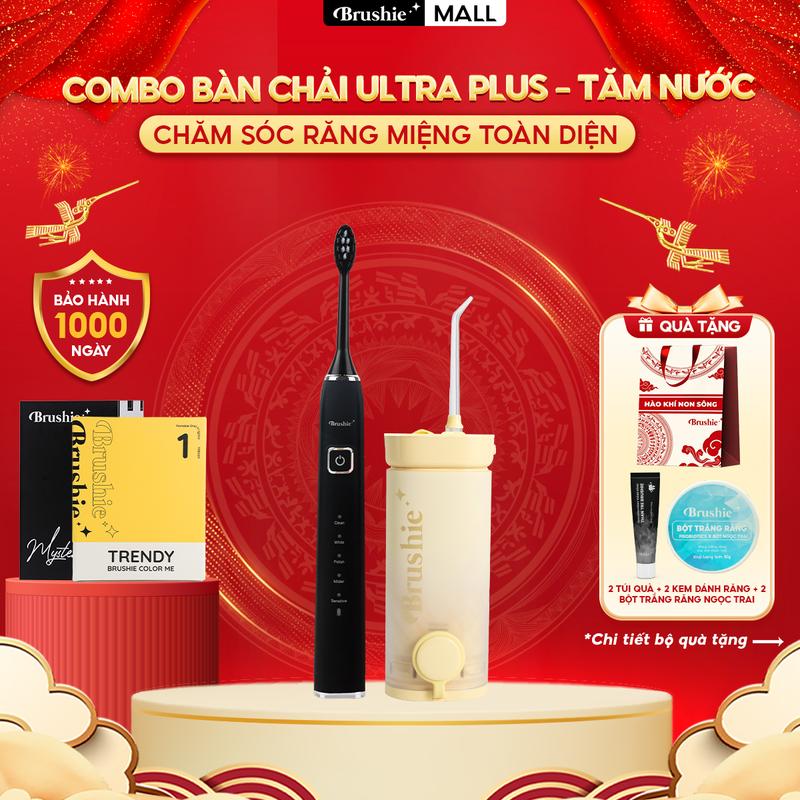 [DEAL SHOCK GIẢM 100K] Combo bàn chải điện Brushie Plus chính hãng tích hợp đầu rửa mặt và Tăm nước mini Brushie Thập sắc nhỏ gọn hỗ trợ làm sạch hiệu quả [ BẢO HÀNH 1000 NGÀY ] - TẶNG 2 túi kháng chiến + 2 kem đánh răng + 2 bột trắng răng ngọc trai