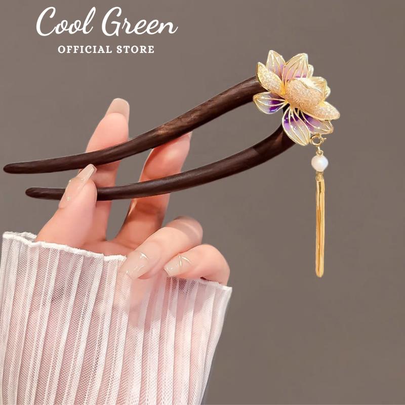 Trâm cài tóc chữ U bằng gỗ đàn hương đen đính hoa sen cao cấp phong cách cổ trang U05