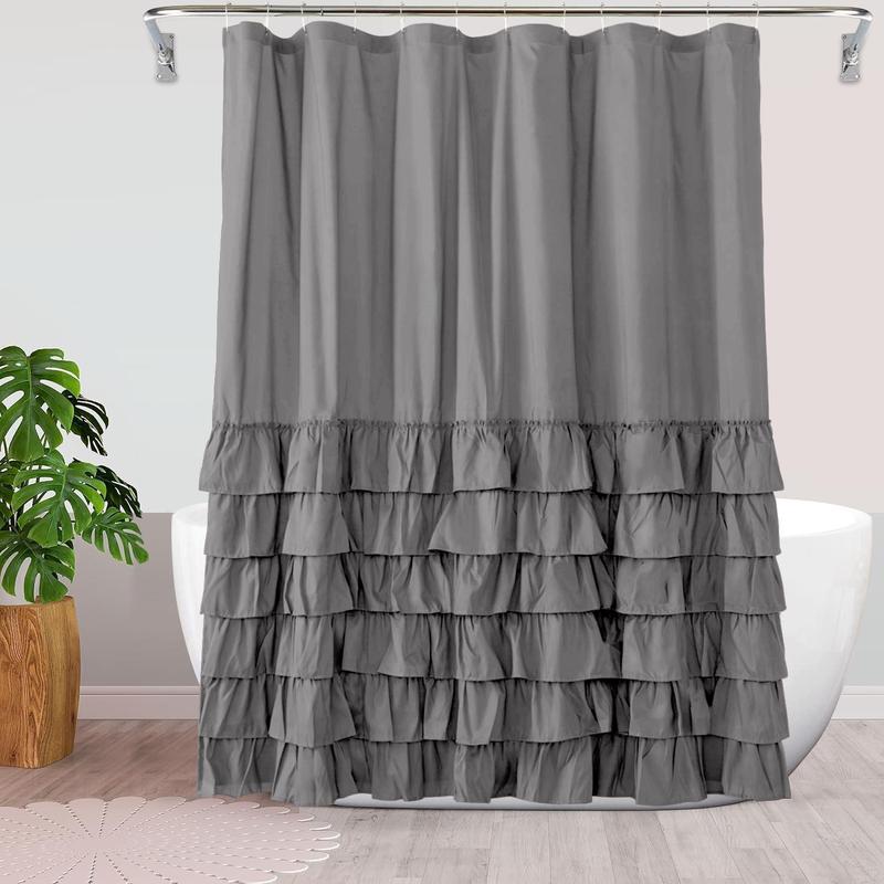 Product Introduction of Ruffle Trim Bathroom Curtain, 1 Count Solid Color Bathroom Decorative Curtain with Hooks, Bathroom Accessories, Home Decor Supplies for Bathroom 11