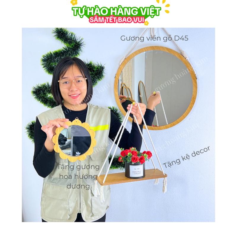 combo Gương Decor Phòng tết , gương treo tường viền gỗ size 45cm, tặng kệ decor 1 tầng, tặng gương hoa hướng dương trang trí phòng. gương  bể