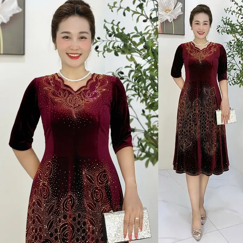 Đầm Trung Niên M678 Vải nhung tuyết co giãn size Từ 48-75kg ép đá dmc Ôm gọn Thanh lịch Dress Váy Nữ Tím Women Đỏ 0