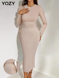 YOZY Women's Plain Cut Out Drawstring Ruched Bodycon Dress, Casual Long Sleeve Round Neck Split Hem Dress, Women's Clothing for Spring & Fall