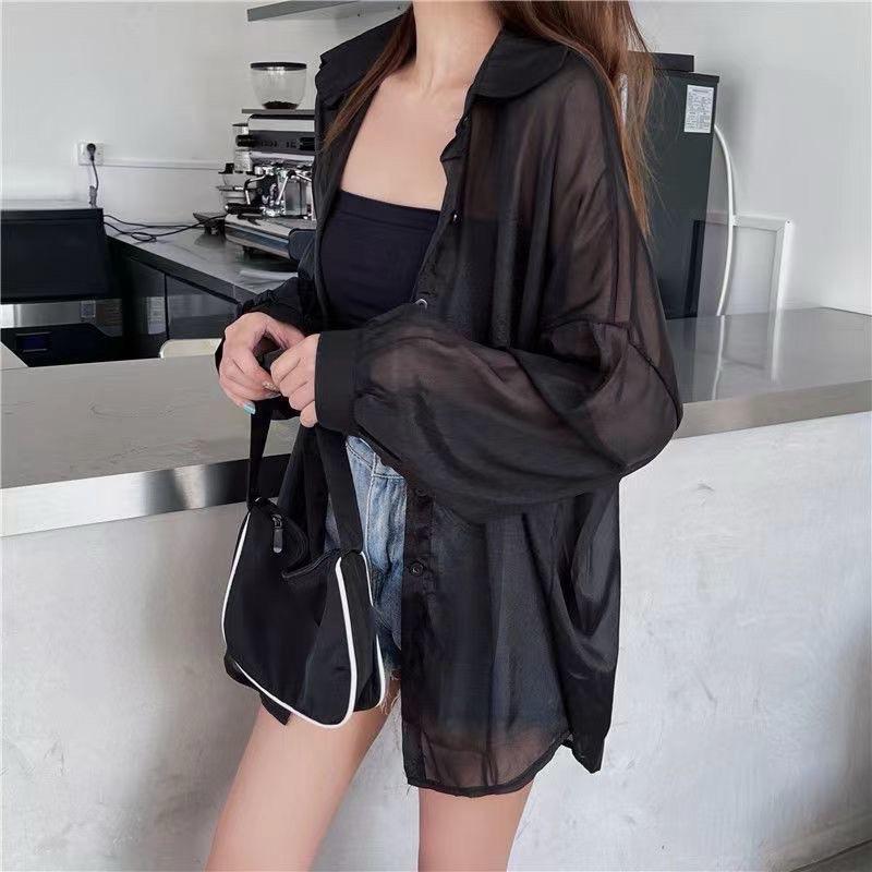 Áo sơ mi mỏng xuyên thấu nhiều màu dáng rộng freesize thời trang nữ Famos 6