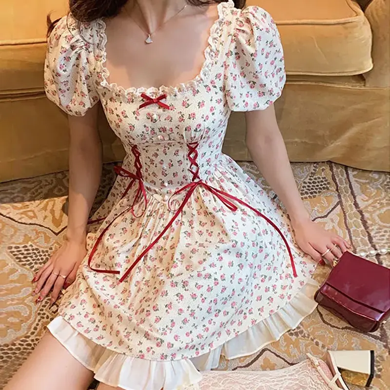 Đầm Mini Hoa, Dành Cho Phụ Nữ, Tay Phồng, Thiết Kế Bèo Nhún Ống Loe, Phong Cách Pháp, Thanh Lịch, Thích Hợp Cho Sinh Nhật Women Dress 0