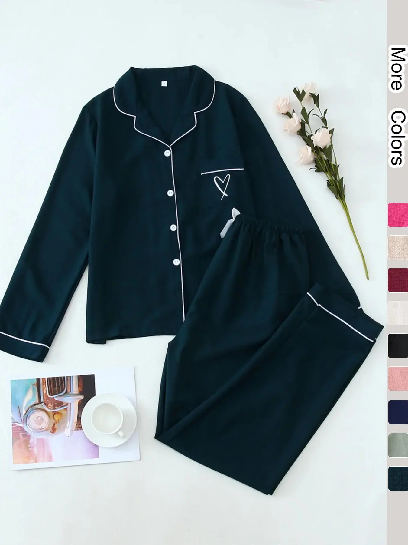 Two-Piece Set Women's Heart Embroidery Contrast Binding Pajama Set, Long Sleeve Lapel Button Front Shirt & Elastic Waist Pants PJ Set, Women's Sleepwear for Spring & Fall Valentine's Day