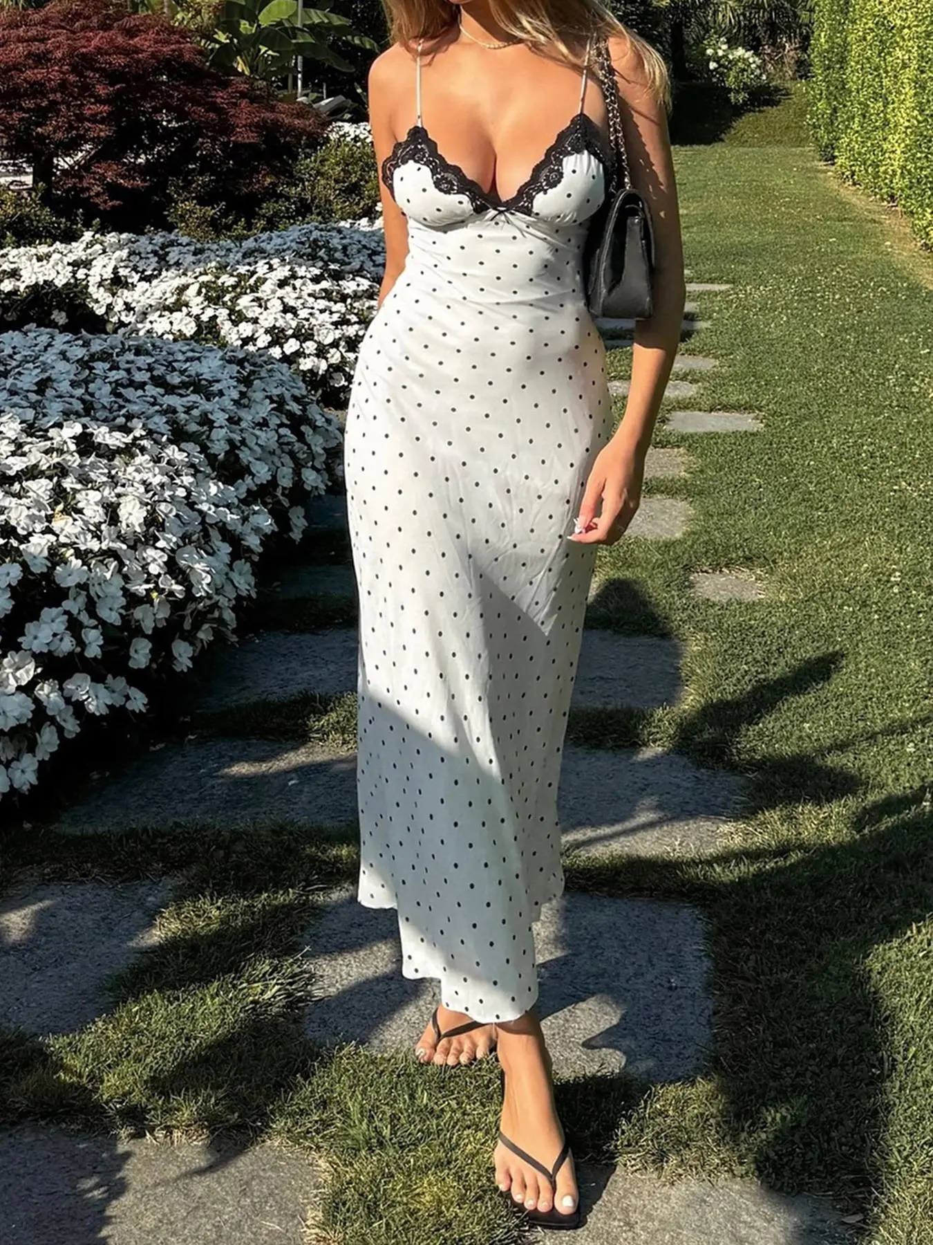 Women's Polka Dot Print Backless Cami Dress, Adjustable Strap Sleeveless Long Dress for Summer, Fashion Women's Dress for Beach Holiday Valentine's Day, gift
