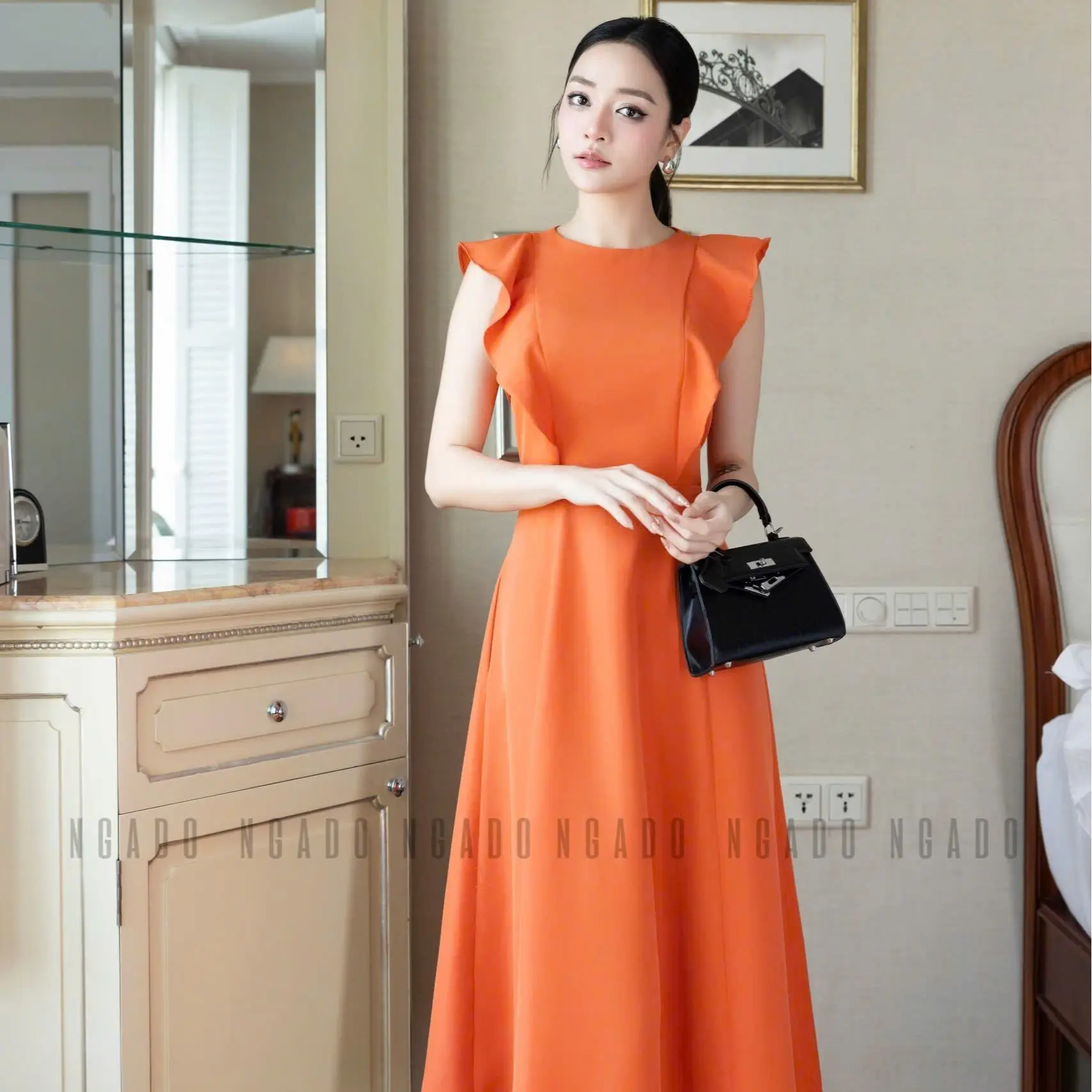 Đầm cam cánh tiên NGADO, đầm xòe, đầm dạo phố dự tiệc