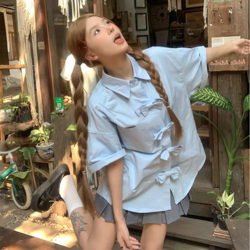 Áo sơ mi tay ngắn đính nơ ba chiều dành cho nữ, Áo sơ mi form rộng màu trơn mùa hè Top Women Xanh Trắng áo sơ mi nữ hottrend 7