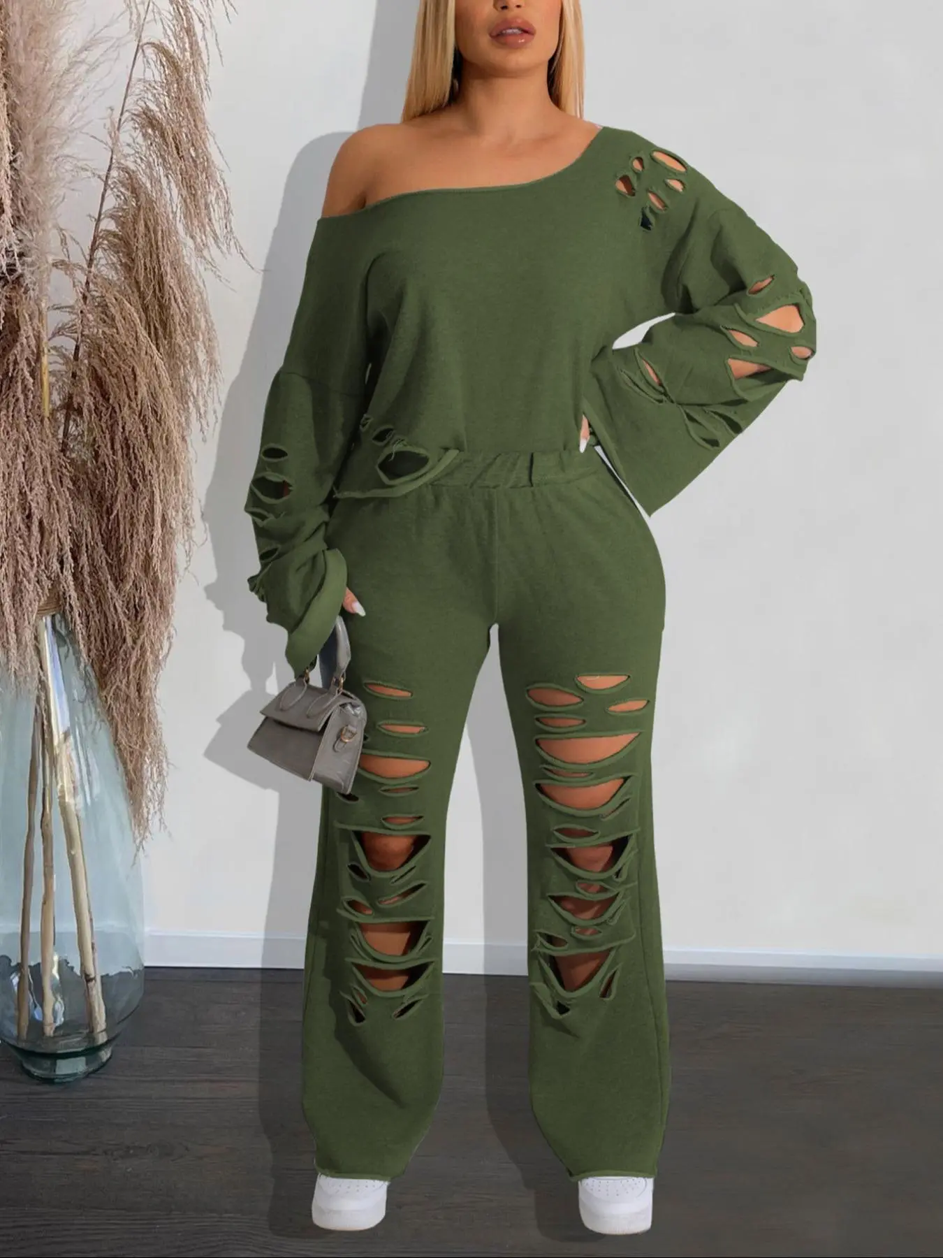 Women's Solid Ripped Asymmetrical Neck Sweatshirt & Pants Set, Casual Fashion Drop Shoulder Long Sleeve Pullover & Trousers for Daily Outdoor Wear, Women's Clothing for Spring & Fall