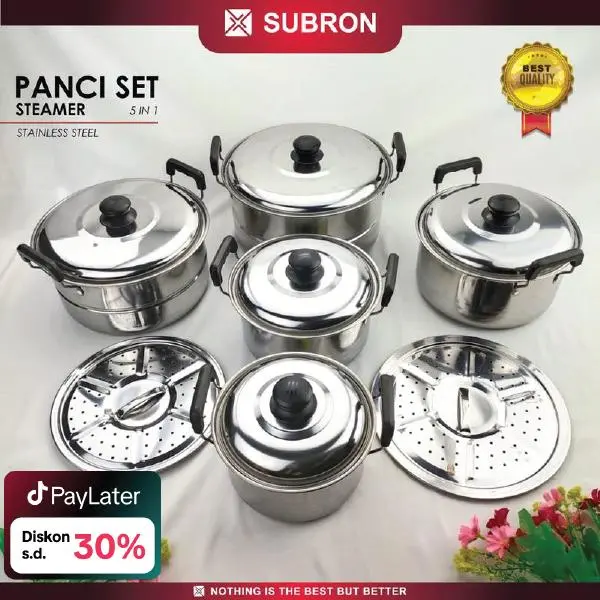 SUBRON Panci Set 5 IN 1 Panci Sup Rebus Kukus Stainless Steel Steamer Soup pot Gambar