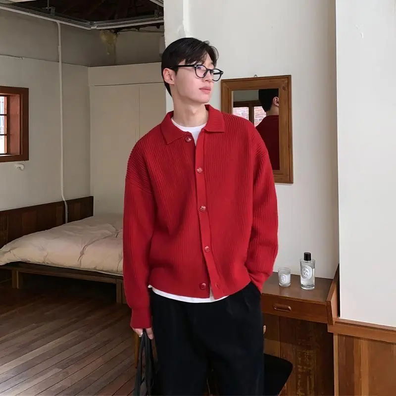 Áo Cardigan Dệt Kim, Ve Áo Màu Xanh Lá Đậm, Dáng Rộng Vừa Vặn, Áo Len Thoải Mái, Trang Phục Thời Trang Nam Phong Cách Hàn Quốc, Mặc Thường Ngày Thích Hợp Cho Mùa Thu Và Mùa Đông