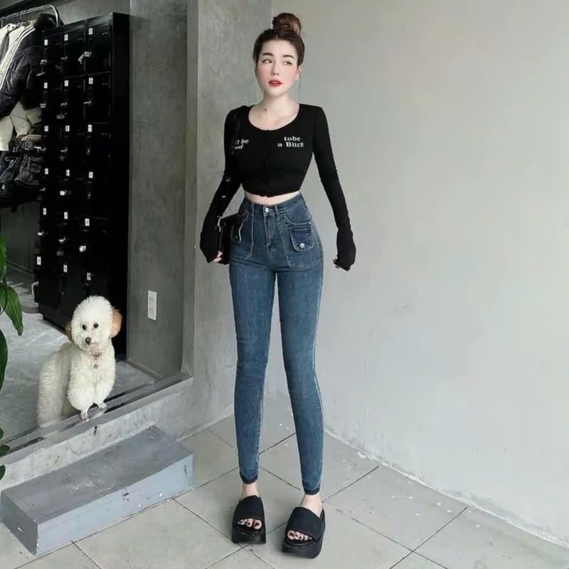 Quần Jean Nữ Lưng Cao ôm body đẹp vải co dãn cao cấp, Quần dài nữ vải denim siêu hack dáng TH0517
