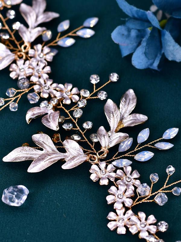 Women's Elegant Rhinestone Decorated Headwear,  Exquisite Trendy Flower & Leaf Design Headwear, Fashionable Hair Accessories for Wedding Party 2