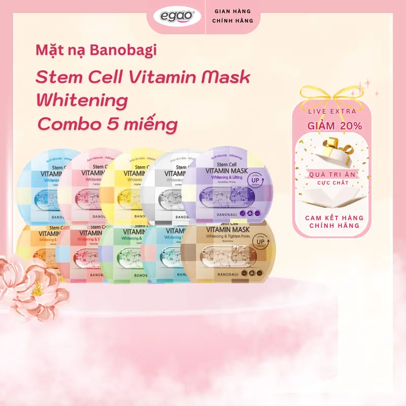 Combo 5 Miếng Mặt nạ Banobagi Hỗ trợ Làn Da Tươi Sáng và Rạng Rỡ, Stem Cell Vitamin Mask Whitening 150g (5 miếng) - Egao 0