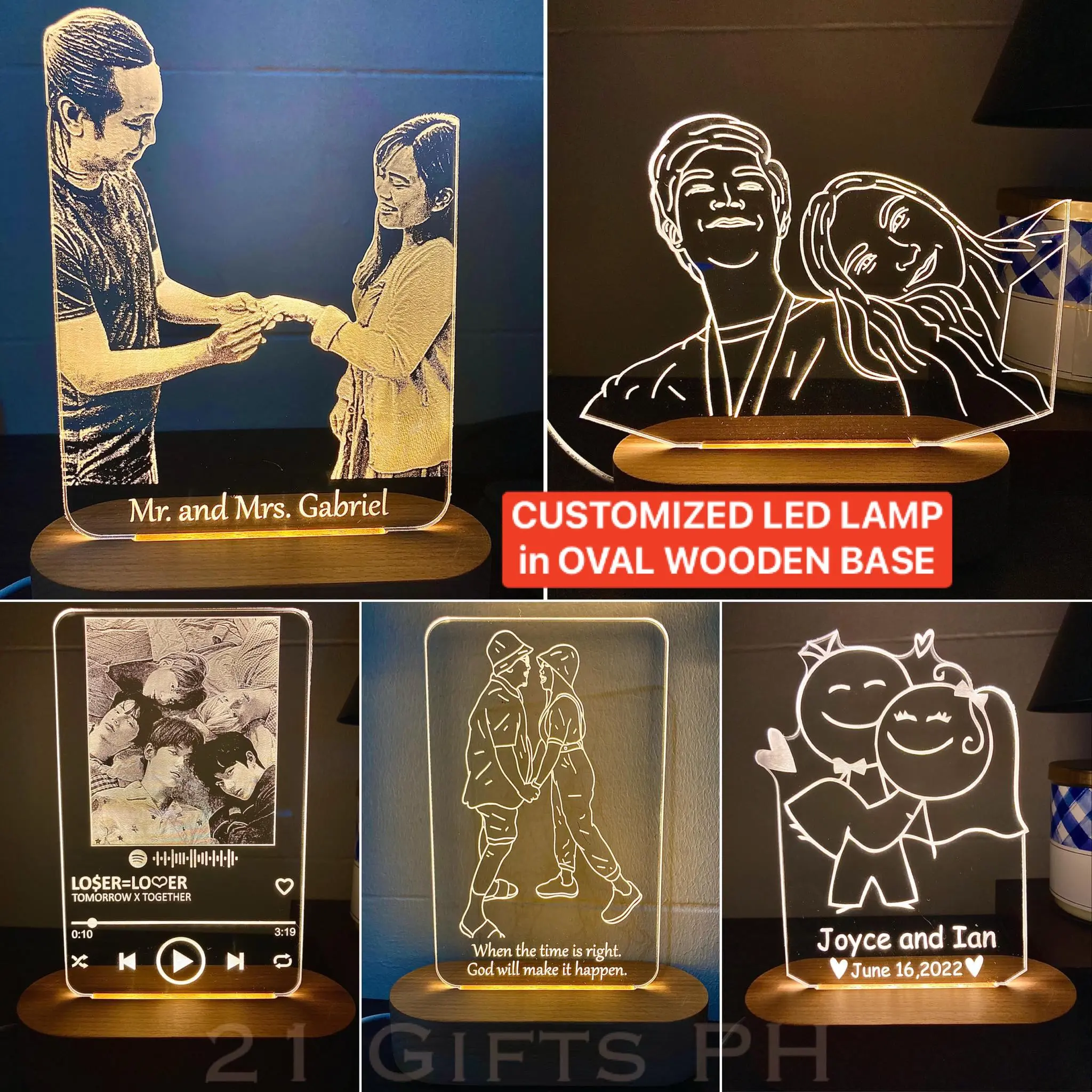 Customized Oval Wooden Base Warm Light Personalized Customize Personal Picture Gift Spotify Logo