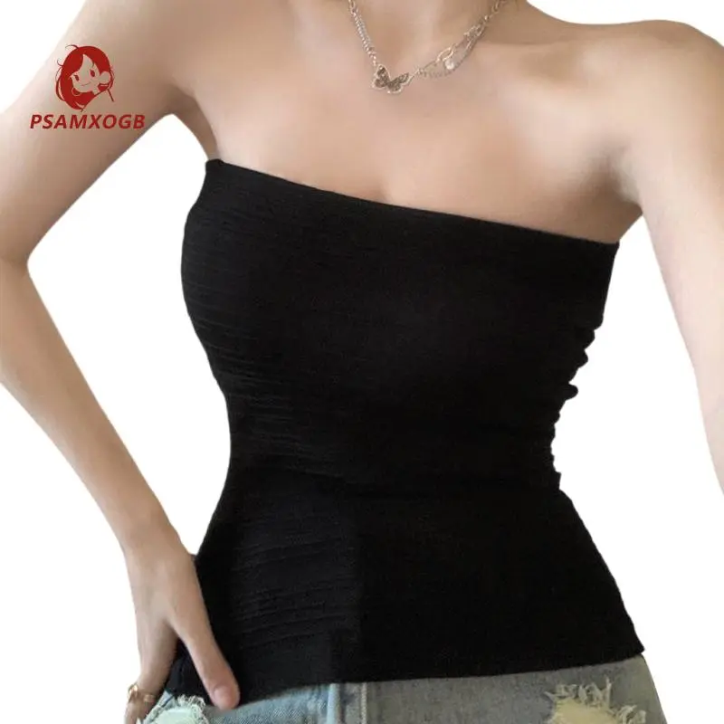 Women Fashion Tube Tops Solid Color Boat Neck Strapless Tank Tops