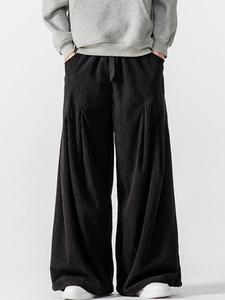 Men's Solid Corduroy Pleated Wide-Leg Pant,Loose Casual Drawstring Waist Pocket Trousers for All Season,Fashion Men's Bottoms for Daily Wear