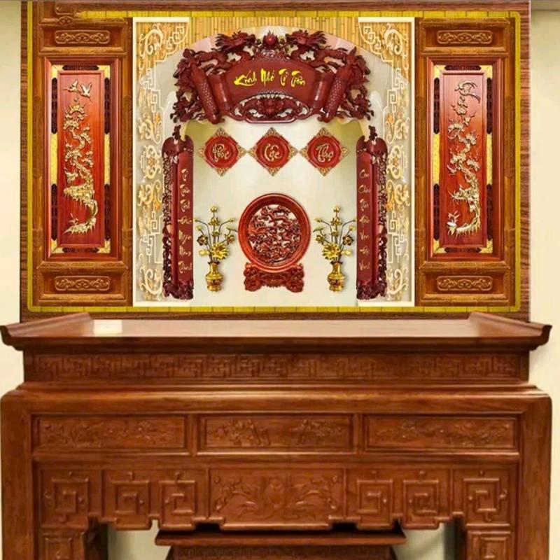 Tranh dán tường 3D trang trí phòng thờ kệ thờ bàn thờ gia tiên chất liệu vải lụa cao cấp ( SHOP GỬI KÈM KEO DÁN) Decor