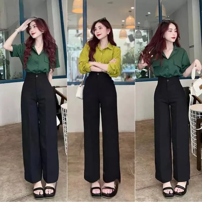 Quần ống rộng nữ cạp cao đi học làm chơi du lịch biển dáng dài quần tây ống rộng nữ lưng cao 1,2 khuy vải đen dày đáy cao