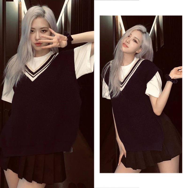 Áo gile len nam nữ trắng đen xám sọc viền Hàn Quốc unisex form rộng khoác ulzzang mới 2023 đồng phục PREPPY gilet 4