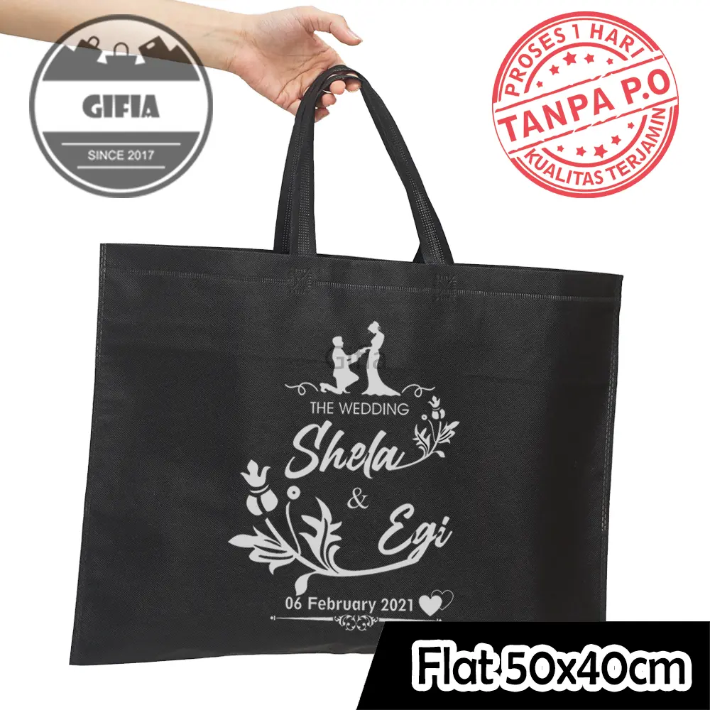 100pcs Flat 50x40cm Goodie Bag Custom Sablon / Tas Spunbond Handle / Tas Kain