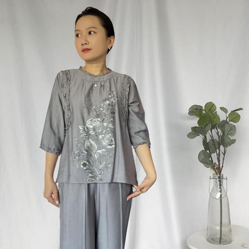Bộ pháp phục phong cách trung niên tặng mẹ, tặng bà hoạ tiết in tinh tế truyền thống, chất liệu đũi nhật cao cấp Nữ Women Dress Áo Top Voi Jacket Nhung Quần xl đồng nâu 6