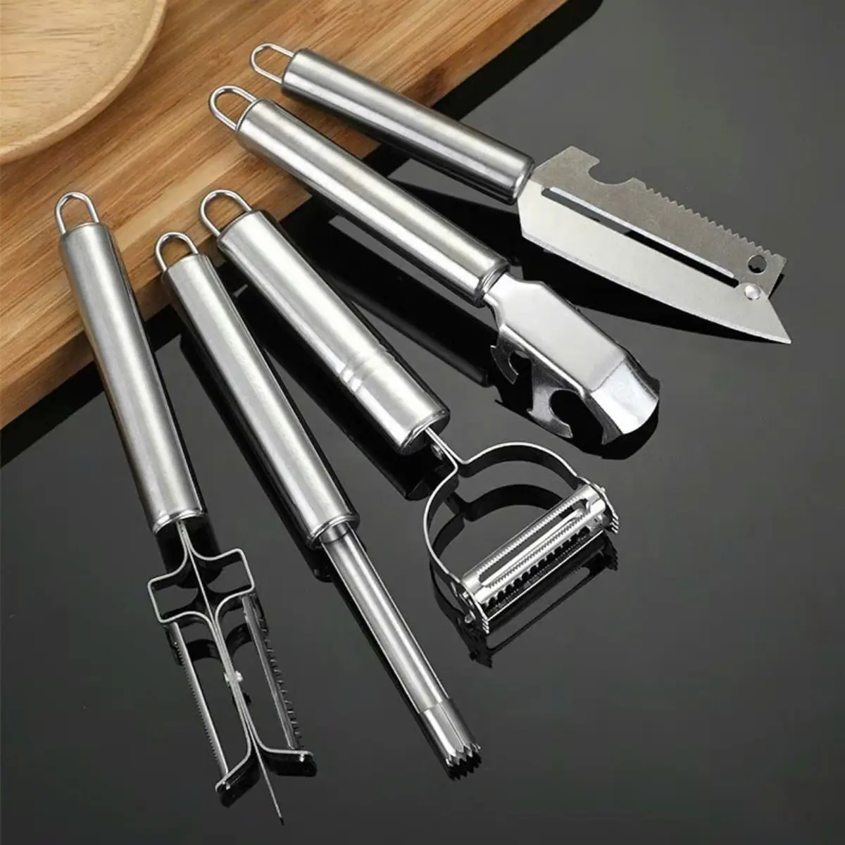 Set 5 món dao đa năng, gọt vỏ, thái sợi, đánh vảy, bộ dụng cụ nạo bào rau củ chất liệu Inox an toàn