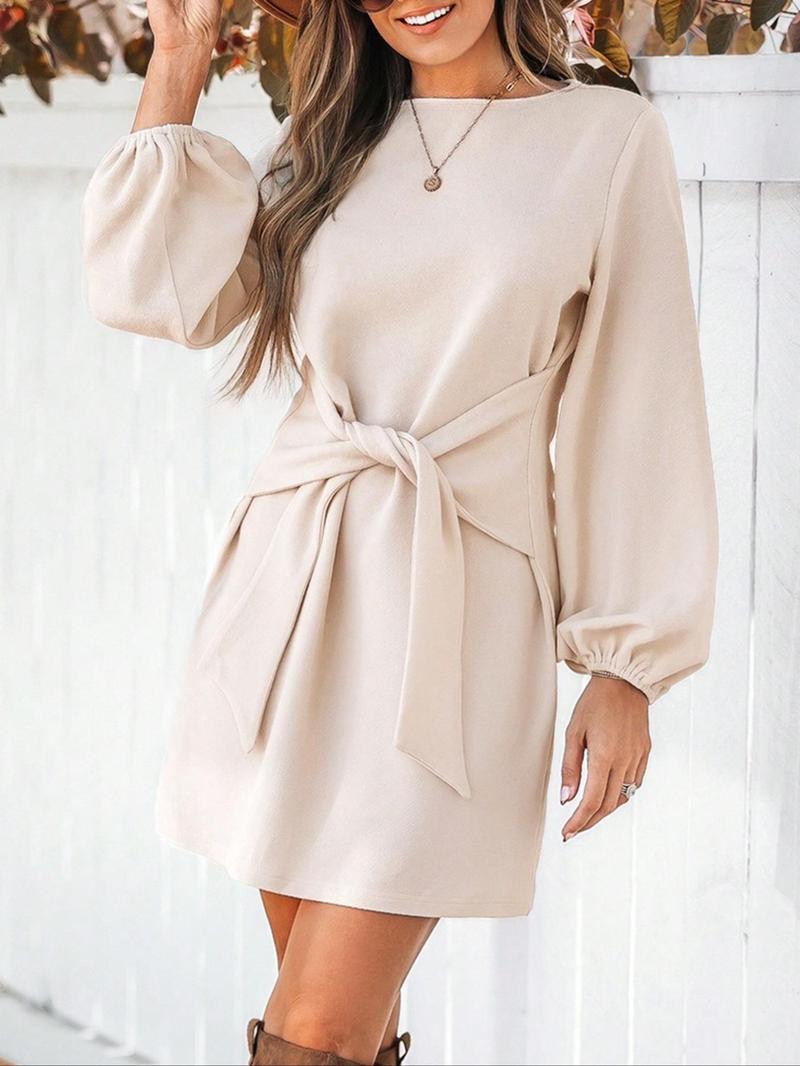 Product Introduction of Women's Solid Color Tie Waist Dress, Casual Long Sleeve Dress for Daily Wear, Ladies Clothes for All Seasons 1