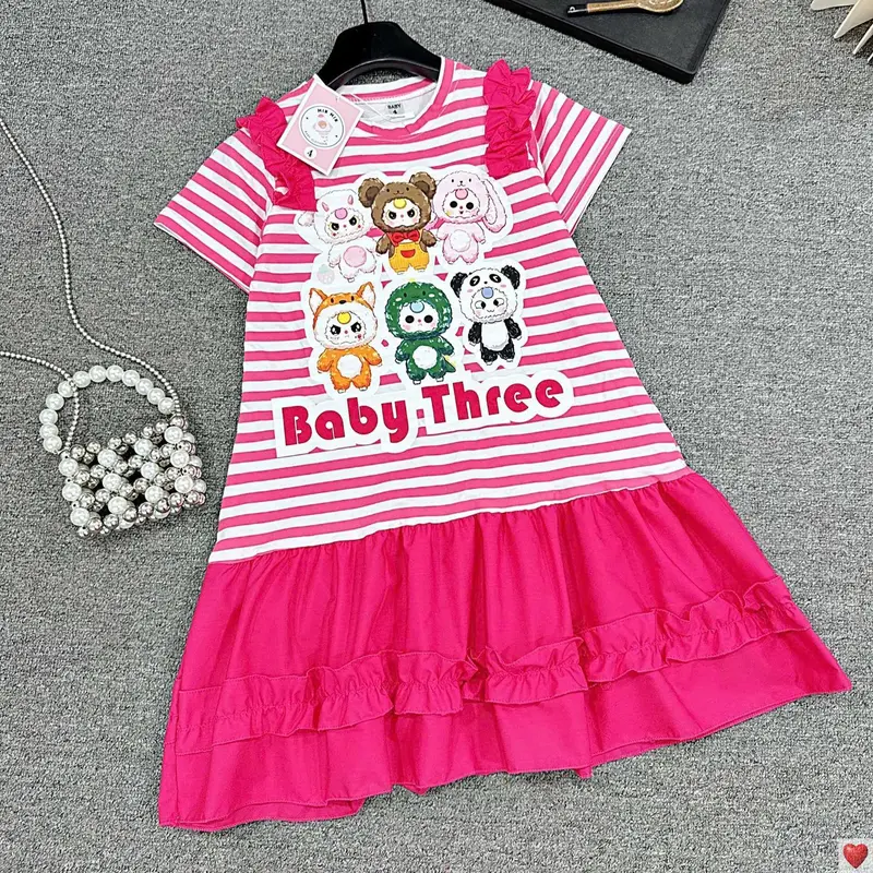 [MinMinKid2] (18-40kg dưới 1m5) Váy thun cotton kẻ sọc in hình BabyThree phối tùng váy đuôi cá NHÚN BÈO cho bé gái 6