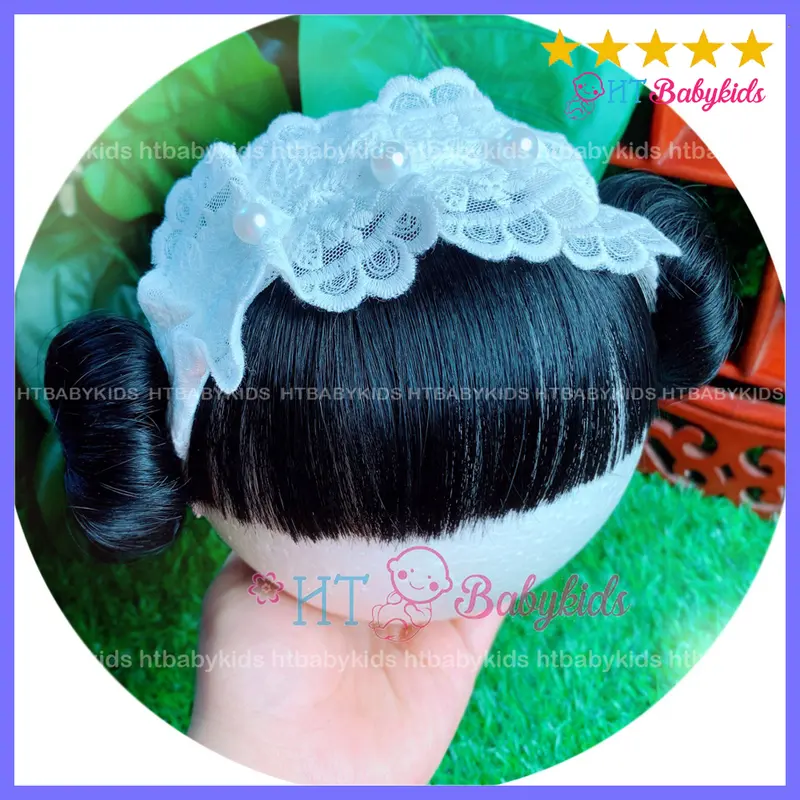 [ HÀNG LOẠI 1 ] - Băng Đô Turban Cho Bé Gái Tóc Giả Hai Bên Ren Nơ Trắng- Đủ Size Cho Bé Gái Sơ Sinh 0
