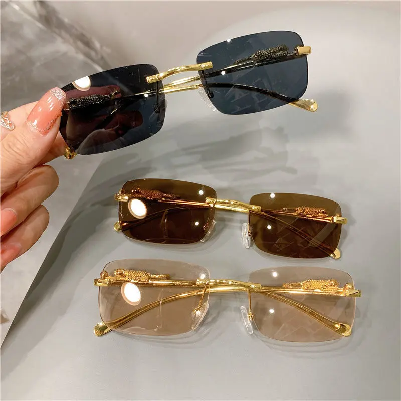 Unisex Personality Cheetah Decoration Elegant Women Sunglasses Rimless sunglasses for men Korean sunglasses for men Seaside Frameless Eyeglasse UV400 Gradient Shades Cutting Lens /Multicolor