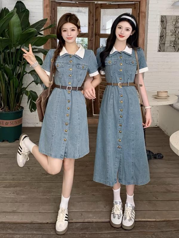 Váy bò, đầm Jean tay ngắn phối viền cổ - tay, túi ngực kèm đai thắt eo, kiểu dáng thanh lịch trẻ trung V181 Nữ Women Kem Dress Voan