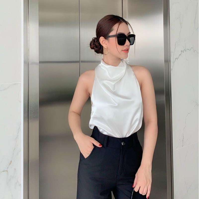 Áo cổ yếm chất phi lụa sang chảnh có 2 màu cơ bản trắng, đen