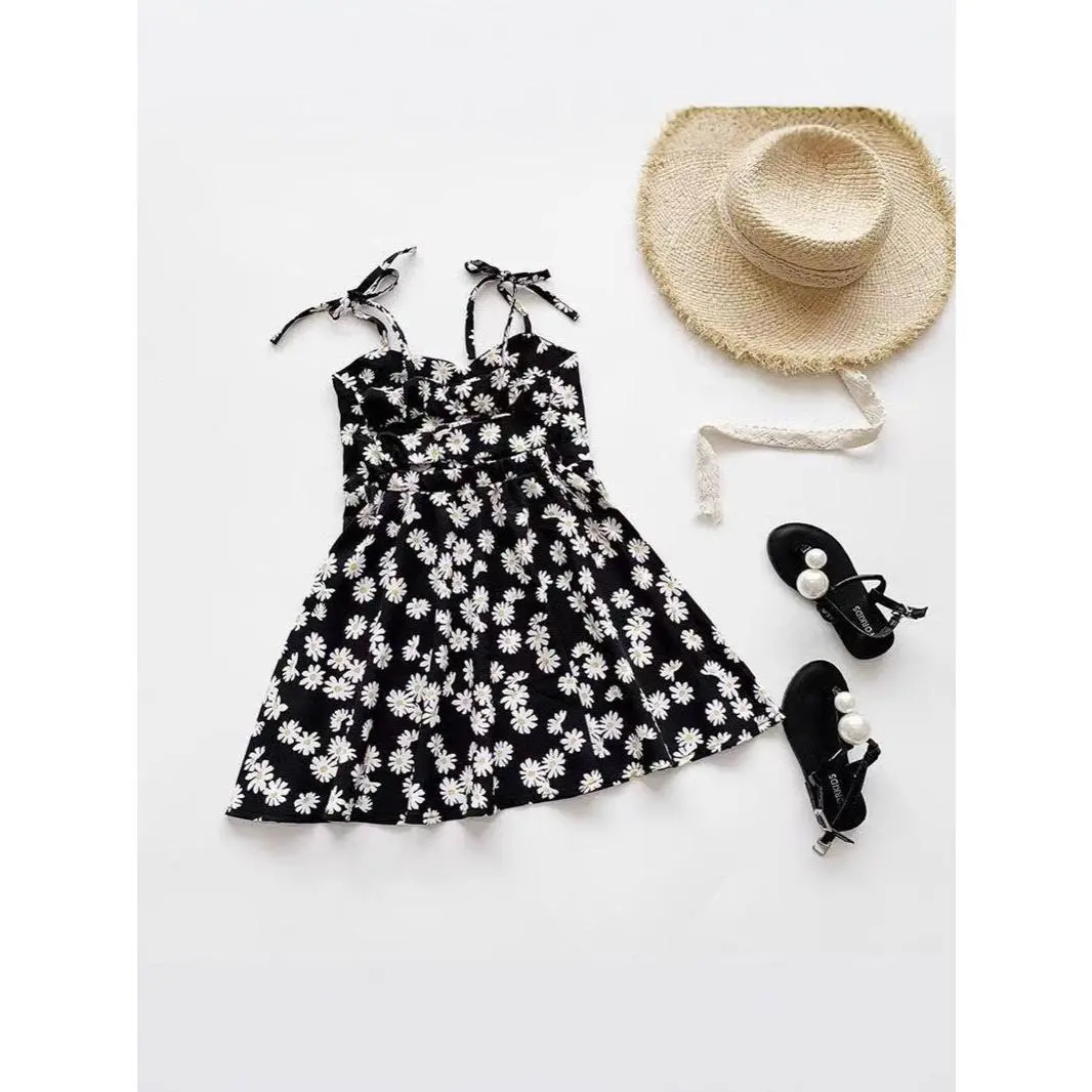Girls' Strap Dress 2024 Korean Style Little Daisy Baby Girl Fashionable Summer Printed Dress Backless Strap Dress