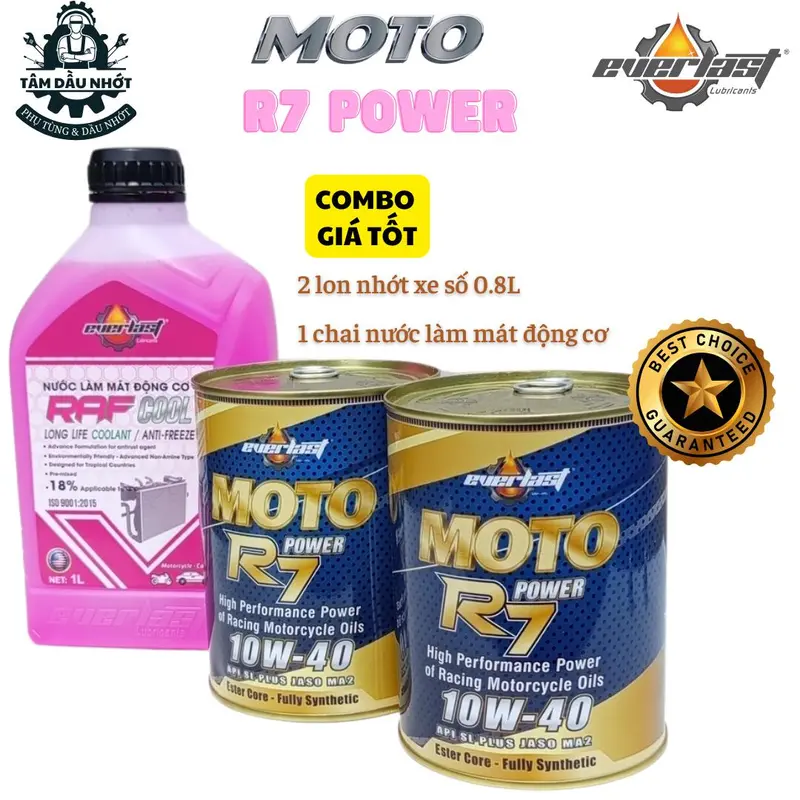 Combo 2 lon Dầu Nhớt xe số/côn tay - Everlast MOTO R7 POWER 10W40 SL 0.8L JASO MA2 - Kèm 1 chai nước làm mát động cơ 0