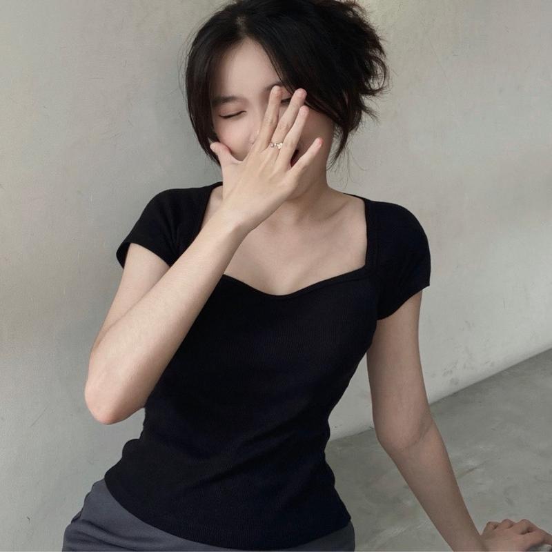 🌸elephant🌸Áo Croptop Tay Ngắn Dáng Cúp Ngực Cổ Thuyền Ôm Body Nữ 4
