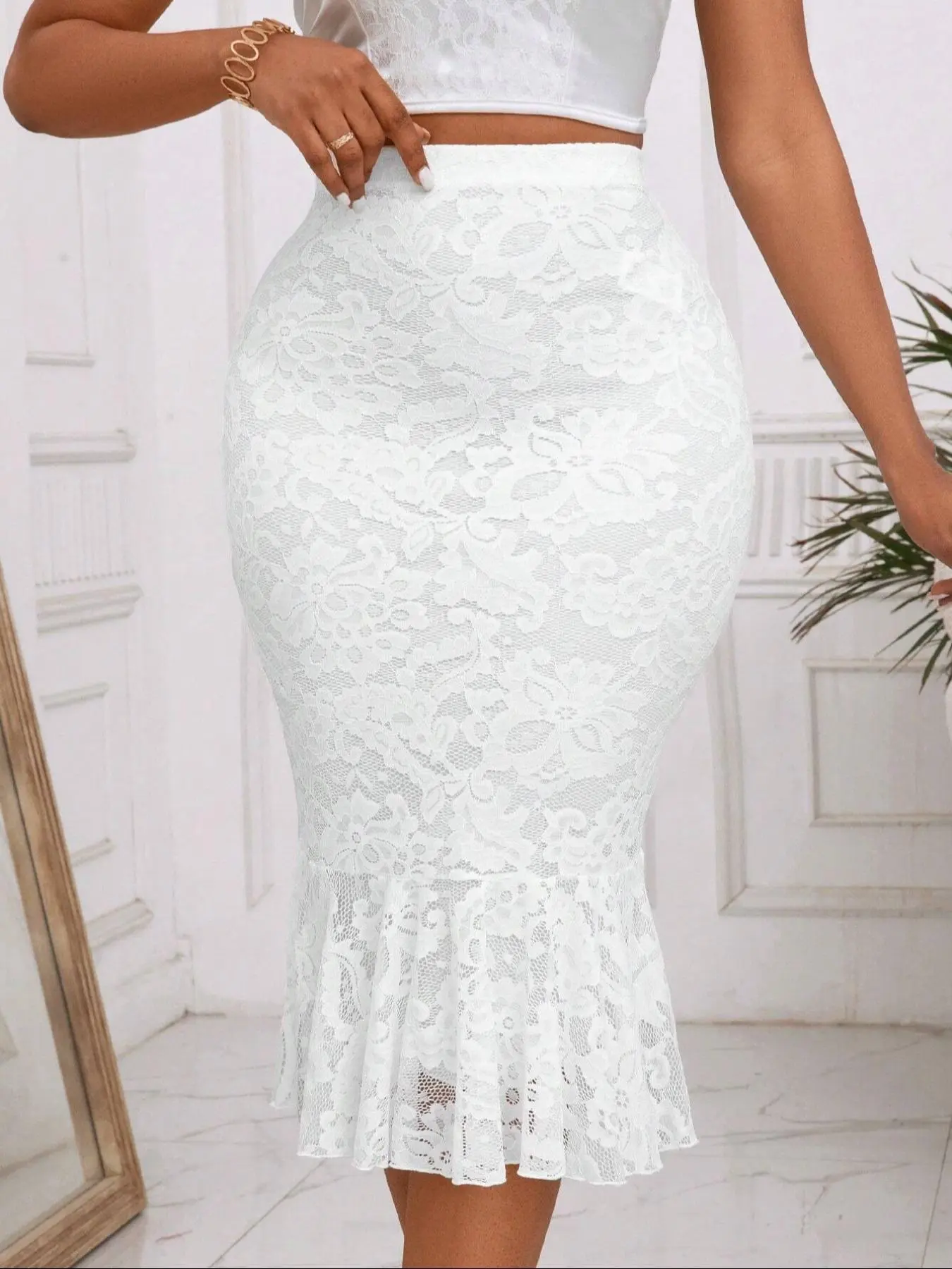 Women's Plain Ruffle Hem Lace Mermaid Skirt, Elegant Fashion Casual Mermaid Skirt for Daily Outdoor Wear, Women Bottoms for Summer Valentine's Day, gift