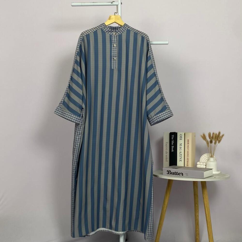 Asaya Gamis Wanita Elegan Motif Garis Kotak Biru Abu Modern Kekinian