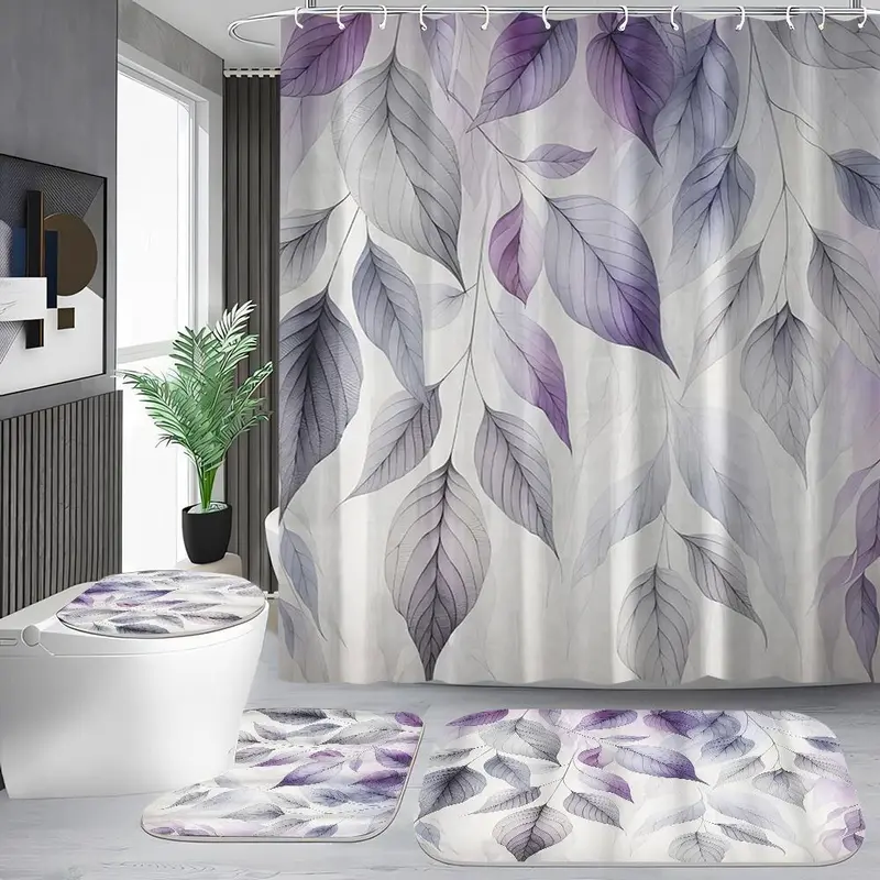 Leaf Print Shower Curtain Set, 1 Shower Curtain with 12 Hooks, 1 Toilet Lid Cover, 1 Rectangular Mat, 1 U-shaped Mat, Bathroom Decor Supplies 0