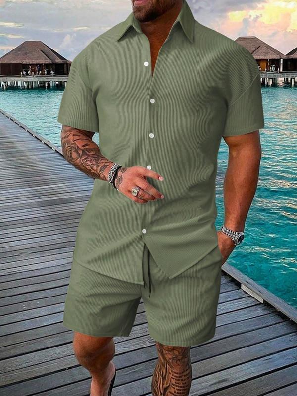 Men's Solid Short Sleeve Polo Shirt & Shorts Jacquard Knits Set, Regular Fit Casual Comfy Button Front Top & Shorts for Summer, Men's Clothes for Beach Vacation 6