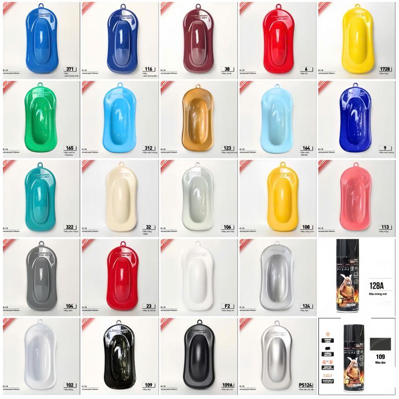 Sơn samurai đủ màu đen bóng, đen nhám, trắng, bạc, xanh, đỏ, vàng, cam, xanh quân đội, hạt dẻ, xám, hồng, tím,...