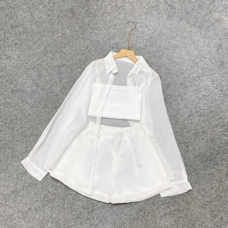 Set Sơ Mi Voan Tơ Xuyên Thấu Tay Bồng (Kèm Áo Dây) Mix Quần Short Lưng Cao Ống Rộng Cho Nữ Chuppy (55-95Kg)