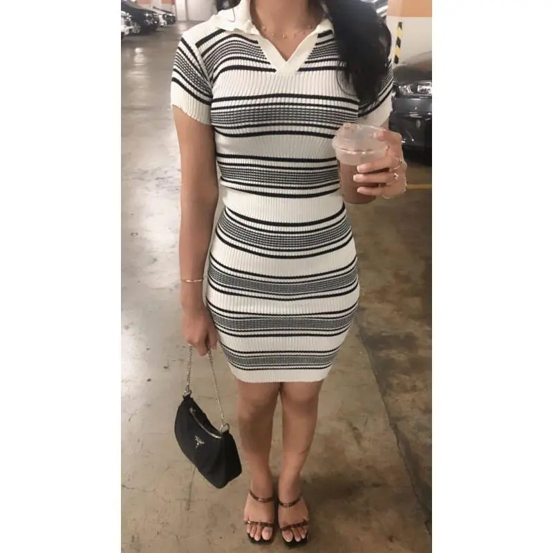 LISAII Dress Rajut Wanita Korean Style Gaun Casual Motif Salur 7