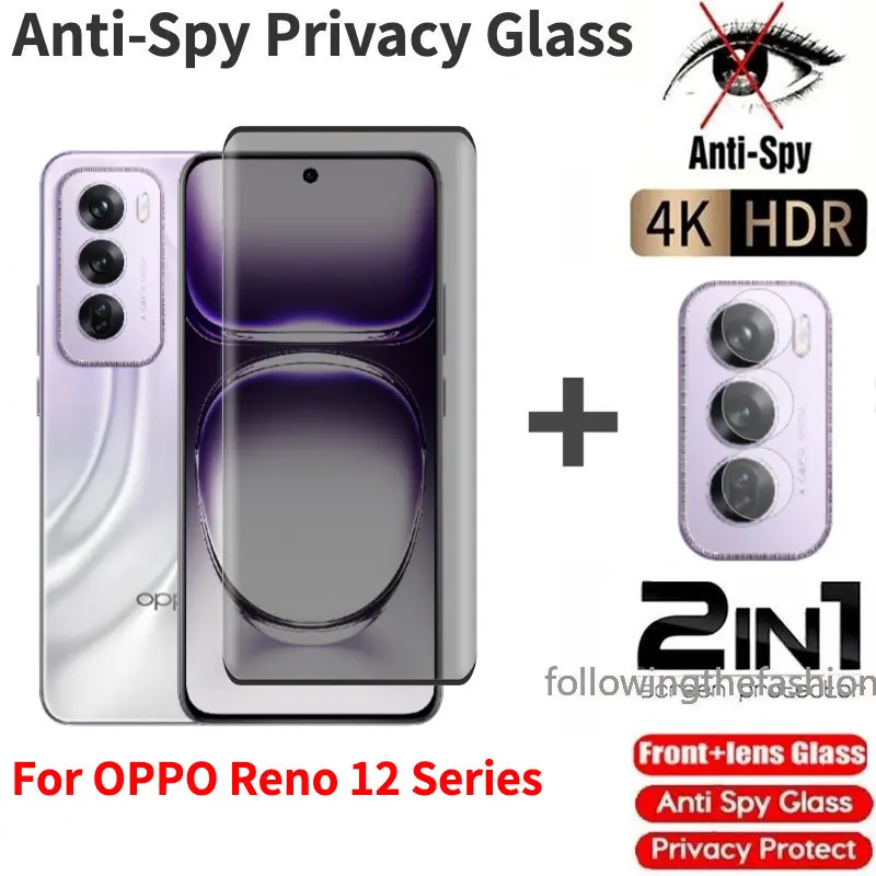 Full Cover Curved Screen Private Tempered Glass For OPPO Reno 12 Pro 5G Reno12 12Pro 2024 Protector Anti Peek Privacy Front Screen Protector Back Camera Lens Protection Film
