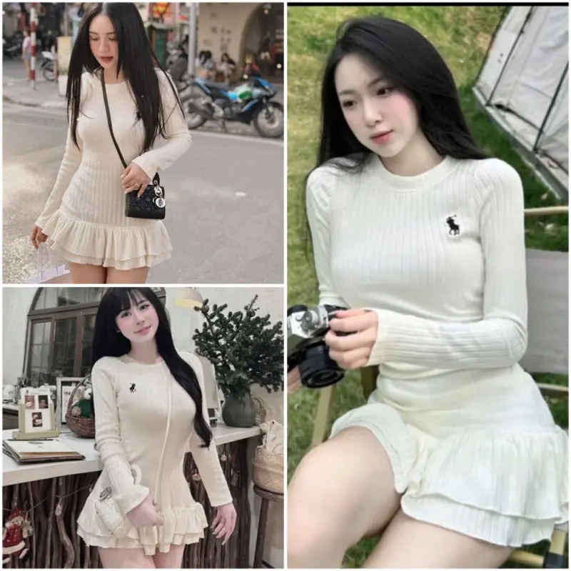 Váy Len Trắng Kem Hoạ Tiết Thêu Ngựa Điệu Đà Lên Dáng Cực Xinh Diện Đi Chơi Chụp Hình Cực Yêu Nữ Women Nhung