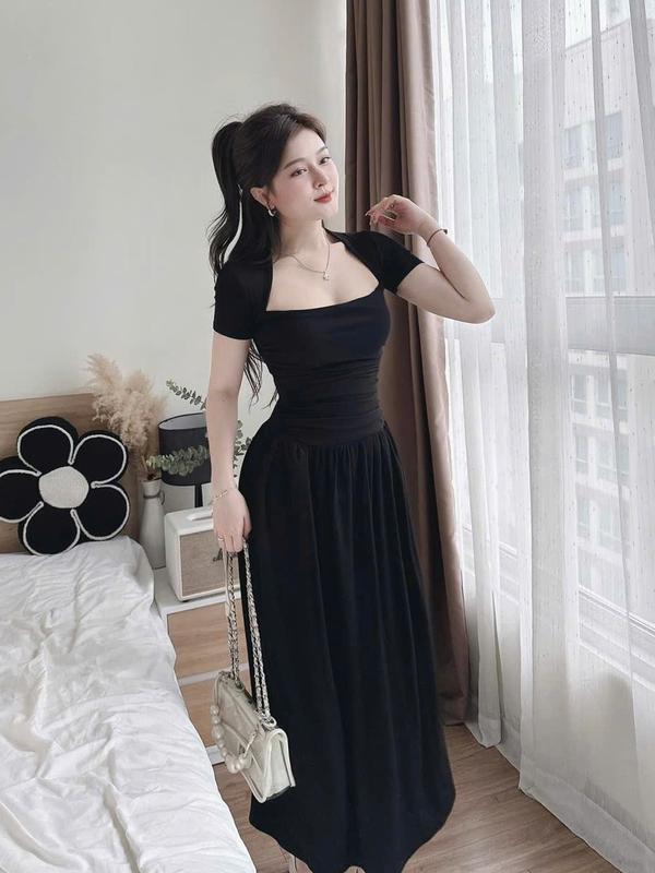 Váy nữ Đầm nữ Váy body dáng dài cổ vuông nhún eo tôn dáng che khuyết điểm 40-90kg_Có Bigsize