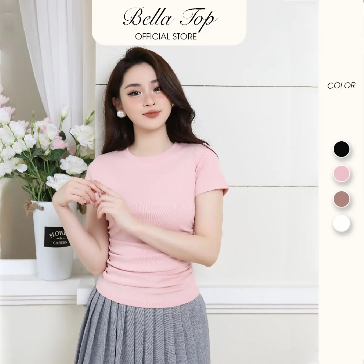 Áo thun kiểu nữ - Áo Baby Tee cổ tròn xếp ly hack eo chất liệu cotton bozip co giãn 4 chiều mềm mịn, Women BELLA TOP